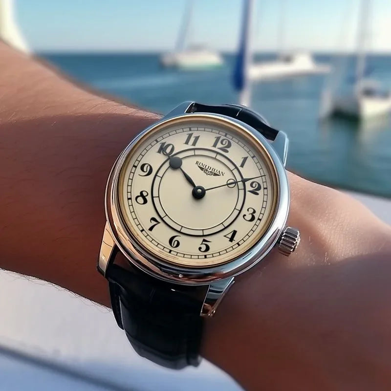 Close-up of the moon phase feature on a distinguished men's quartz watch.