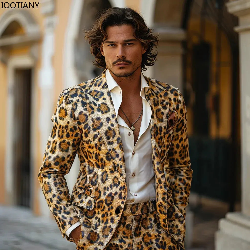 Tailored leopard print blazer and pants set featuring eye-catching design for upscale social events