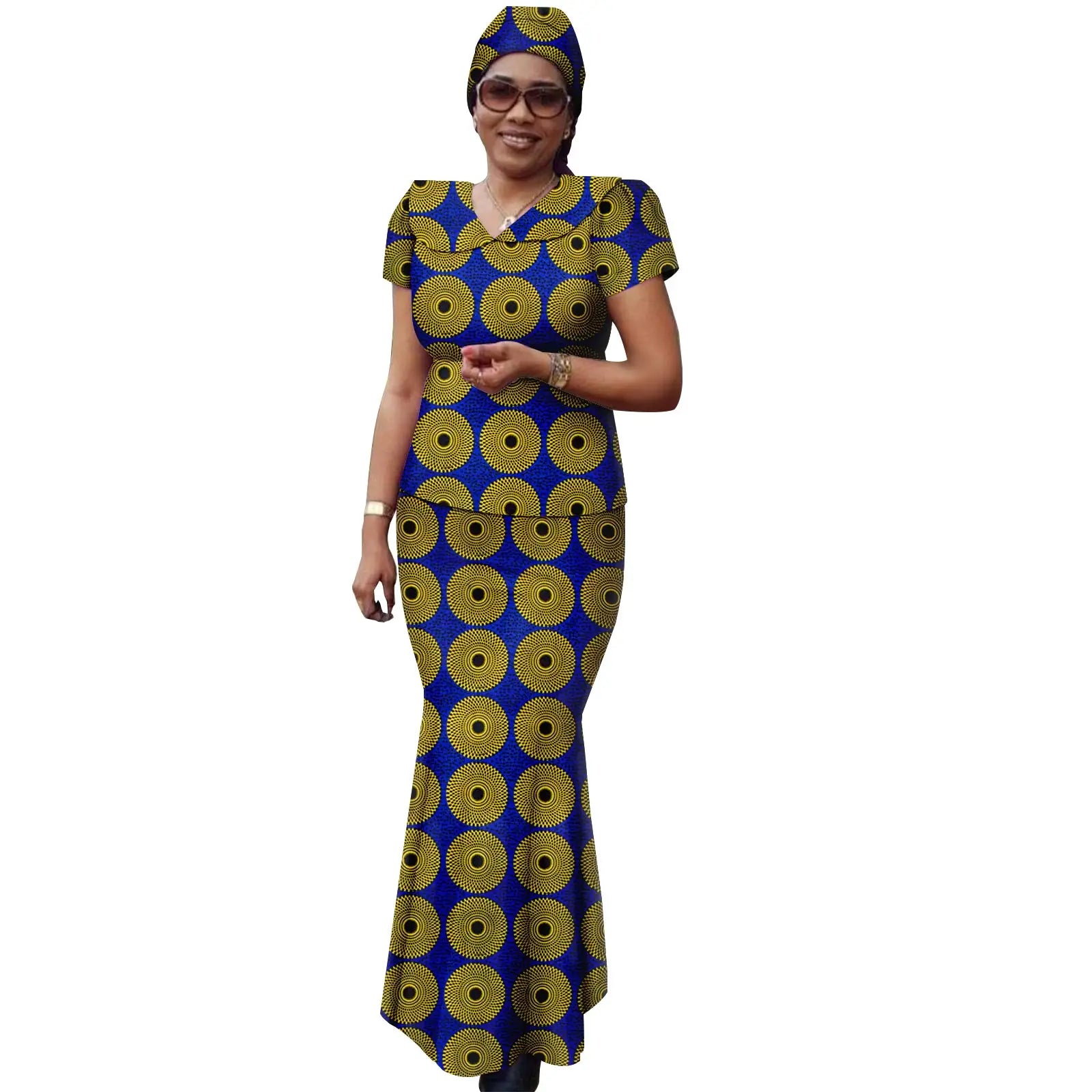 African Women Ankara Print Doll Collar Top, Skirt & Headscarf 3-Piece Set
