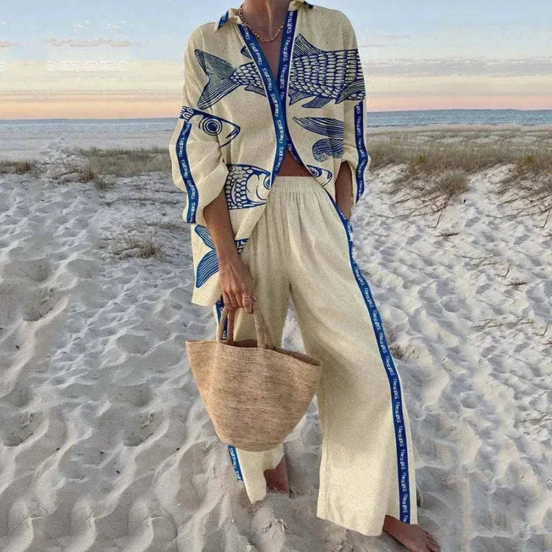 Breezy two-piece set in soft blue, perfect for seaside escapes.