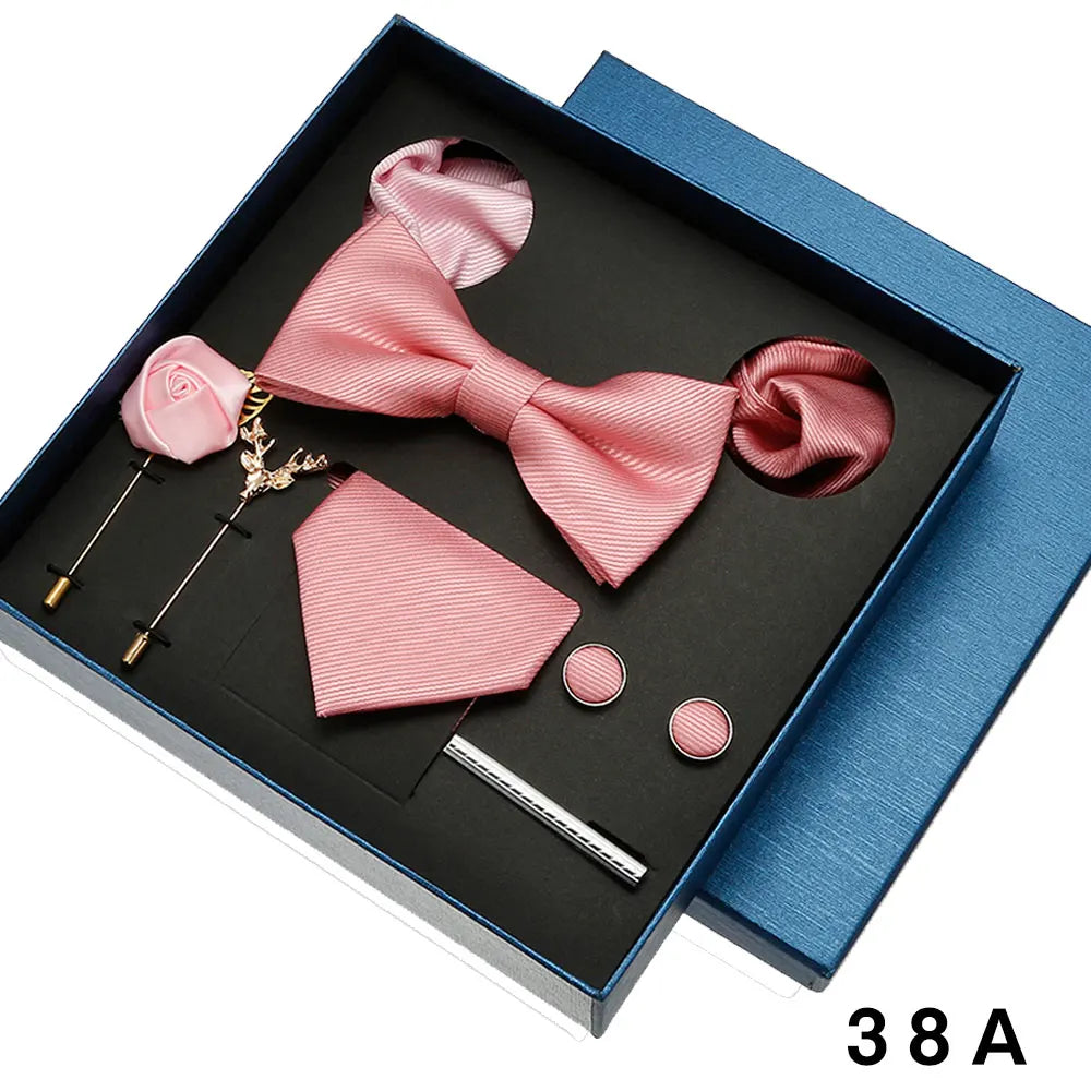 Matching silk tie and bowtie set with handkerchief and cufflinks for black-tie events