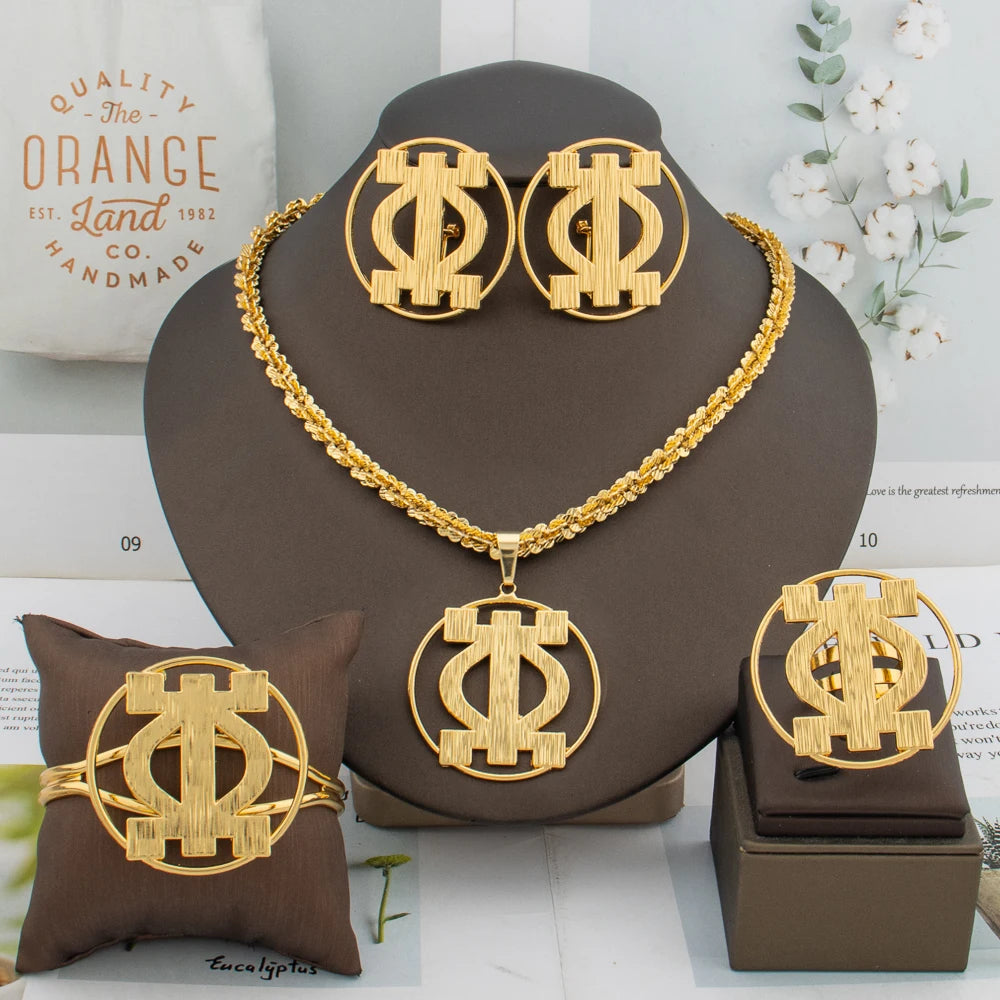 African Gold Clip Earrings, Round Bracelet & Necklace 4PCS Jewelry Set