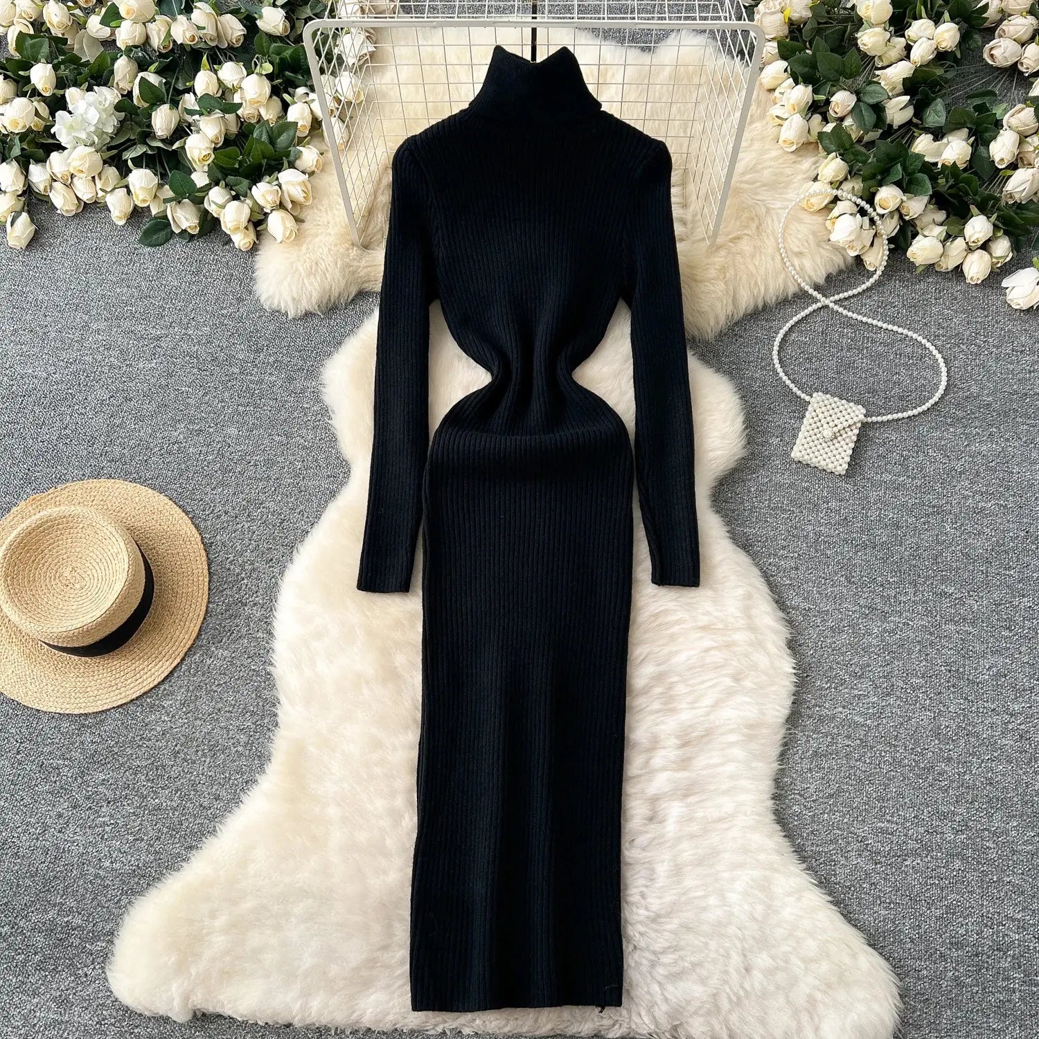 Back view of the Winter Whisper Dress, emphasizing its slim fit and mid-calf length.