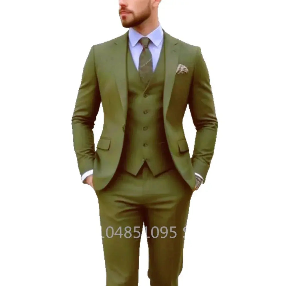 Close-up of the crisp peak lapel on the men's tailored suit jacket.