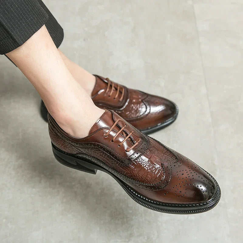 Men's formal lace-up brogue shoes featuring classic perforated leather design and rubber sole