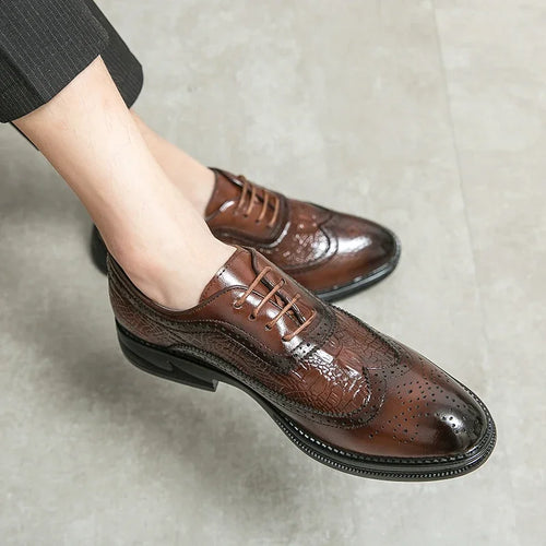 Men's formal lace-up brogue shoes featuring classic perforated leather design and rubber sole