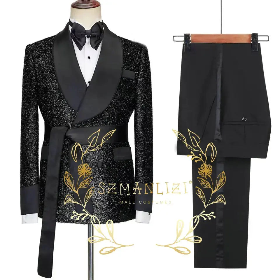 Black tuxedo ensemble with double-breasted jacket and slim fit design.