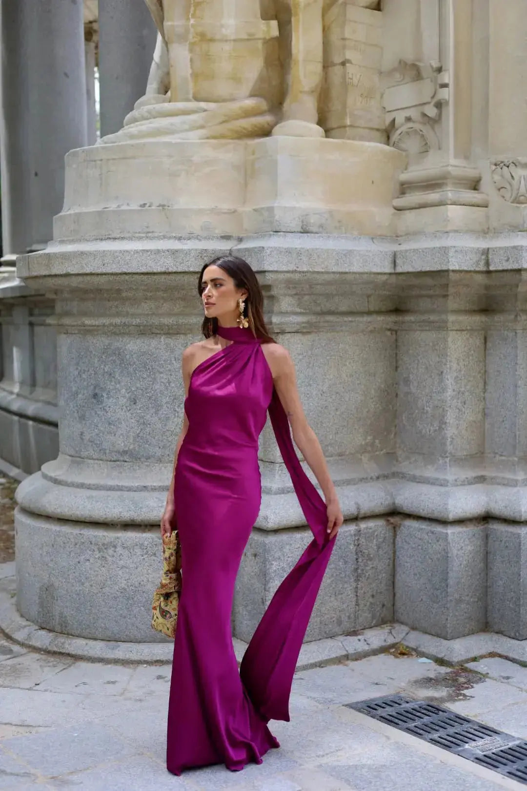 Detail of the halter neckline on the Midnight Allure Halter Gown.
