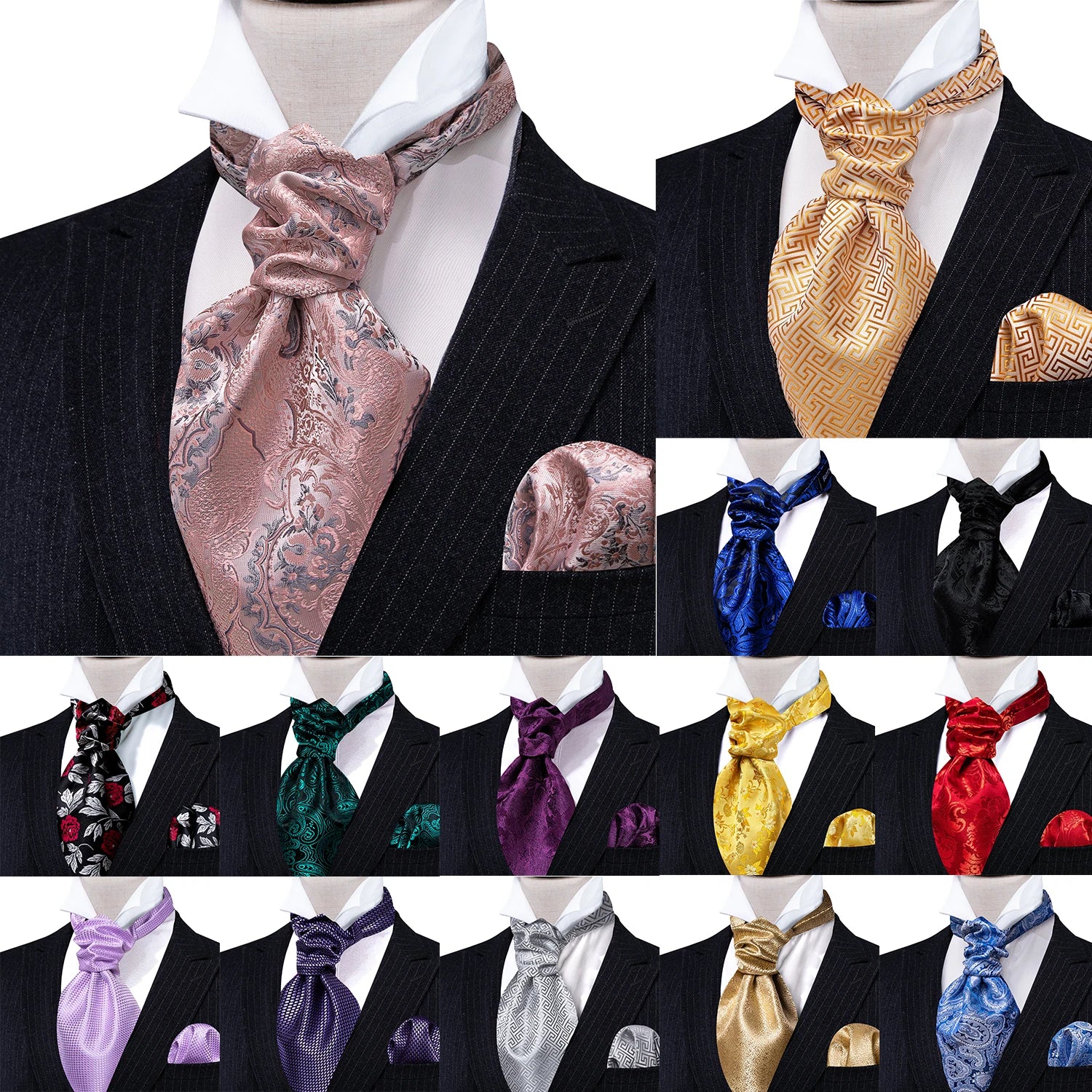 Refined Elegance Silk Ascot Cravat Gift Set with matching pocket square and cufflinks on white background