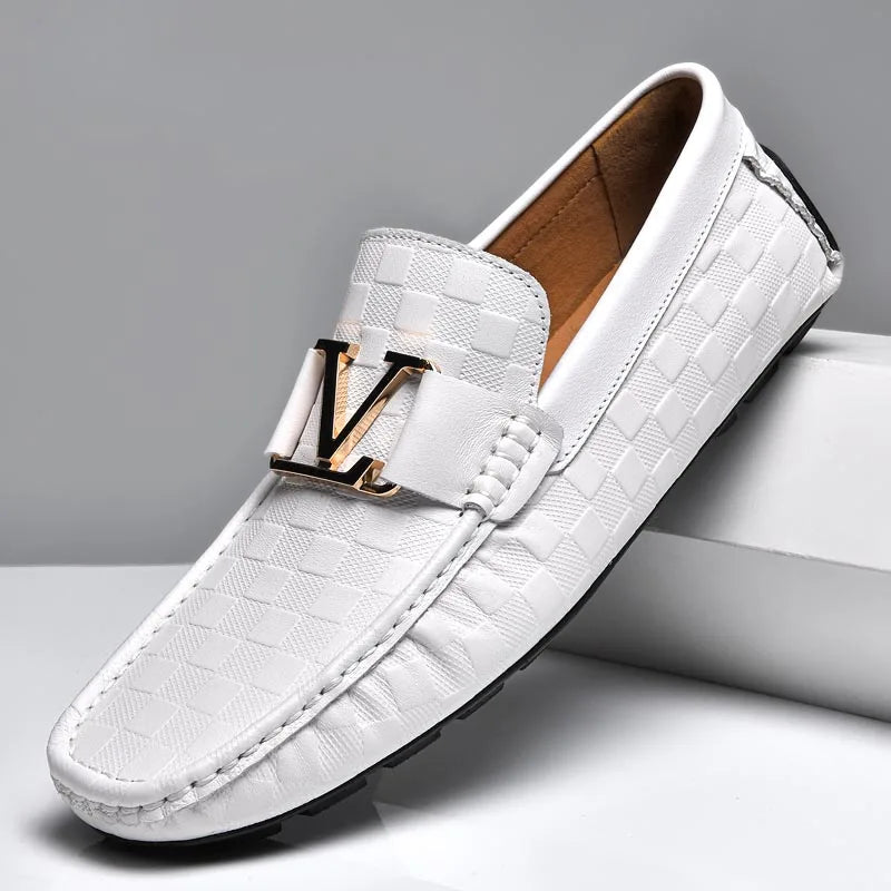 Crocodile-embossed leather loafers in navy with slip-on design for professional business wear