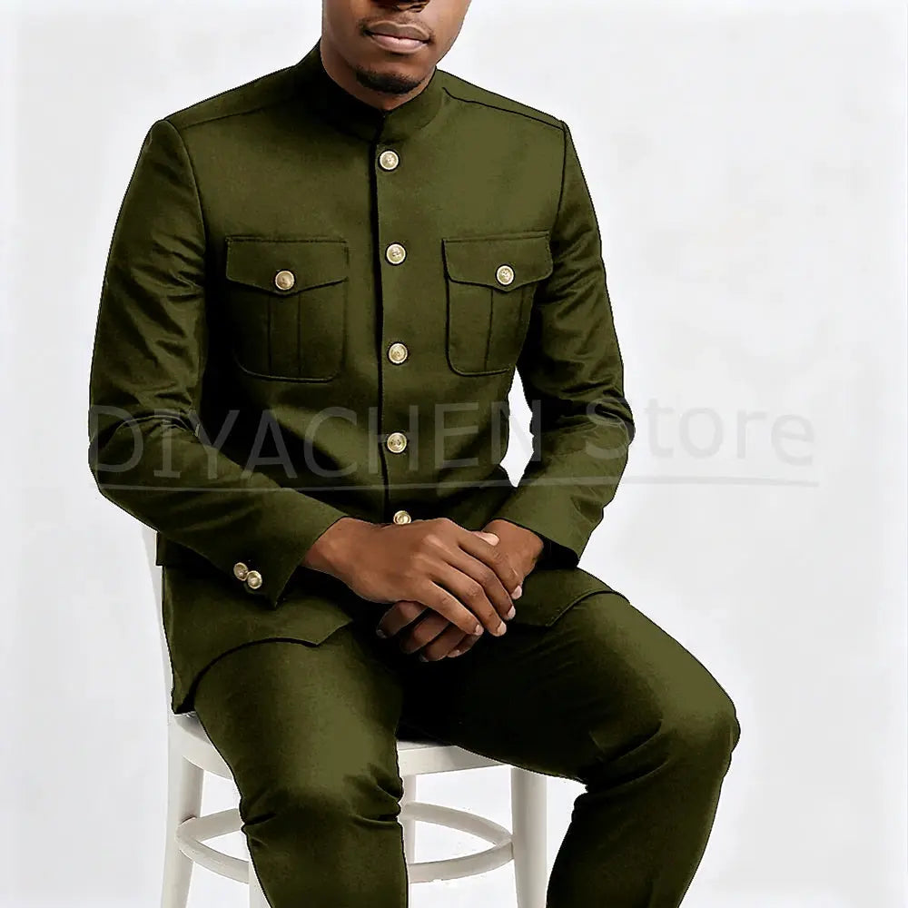 Suit shown with accessories for a polished look.