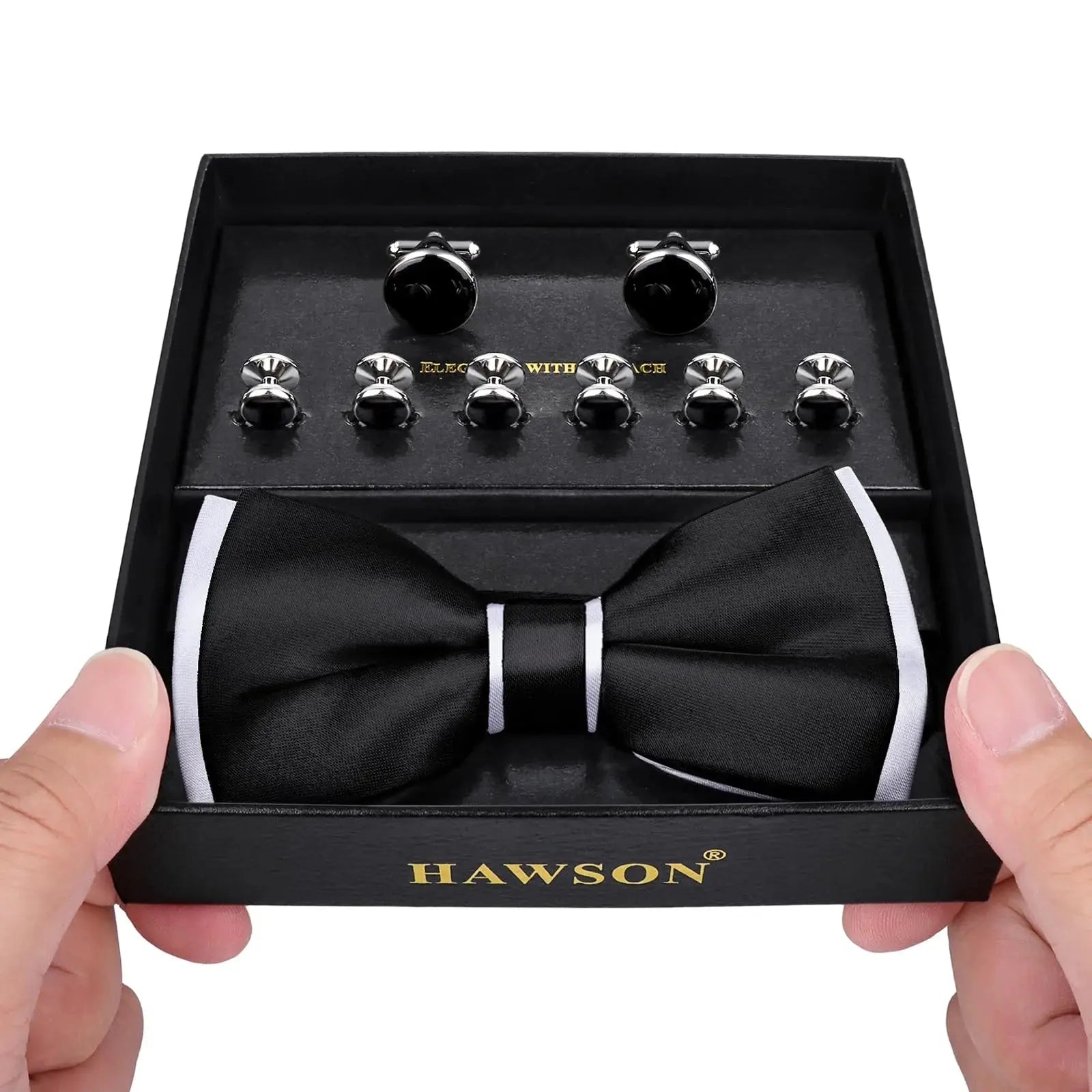 Gift-ready black tie set presented in an elegant box.
