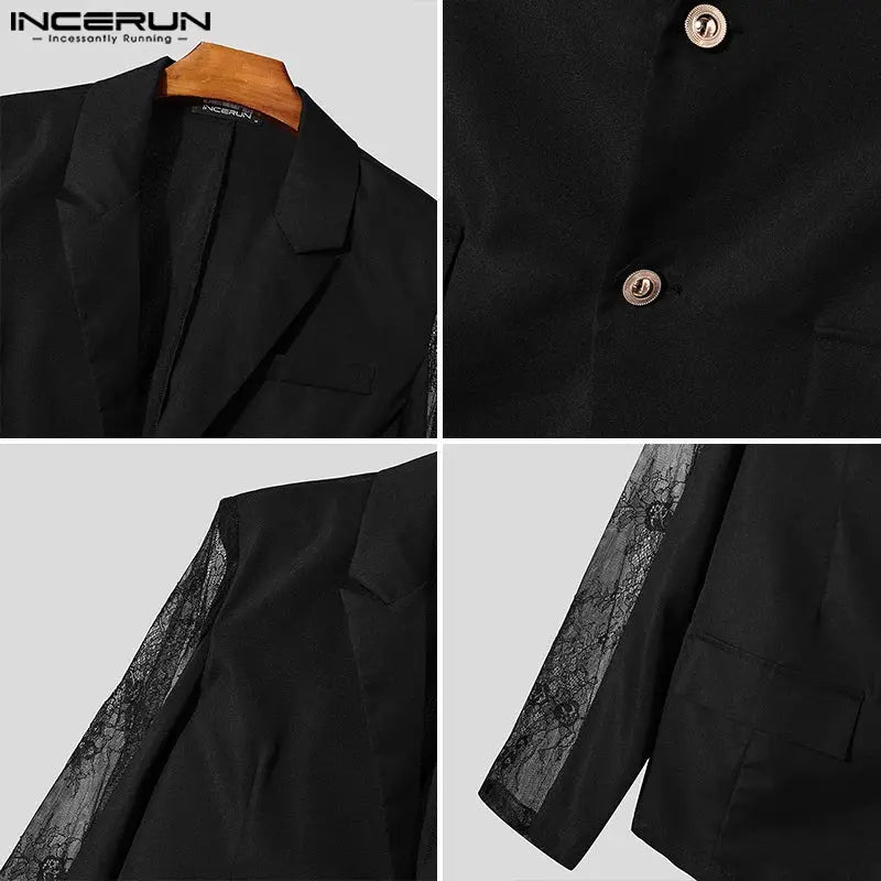 Full view of a sleek black blazer, showcasing its long sleeves and tailored fit.
