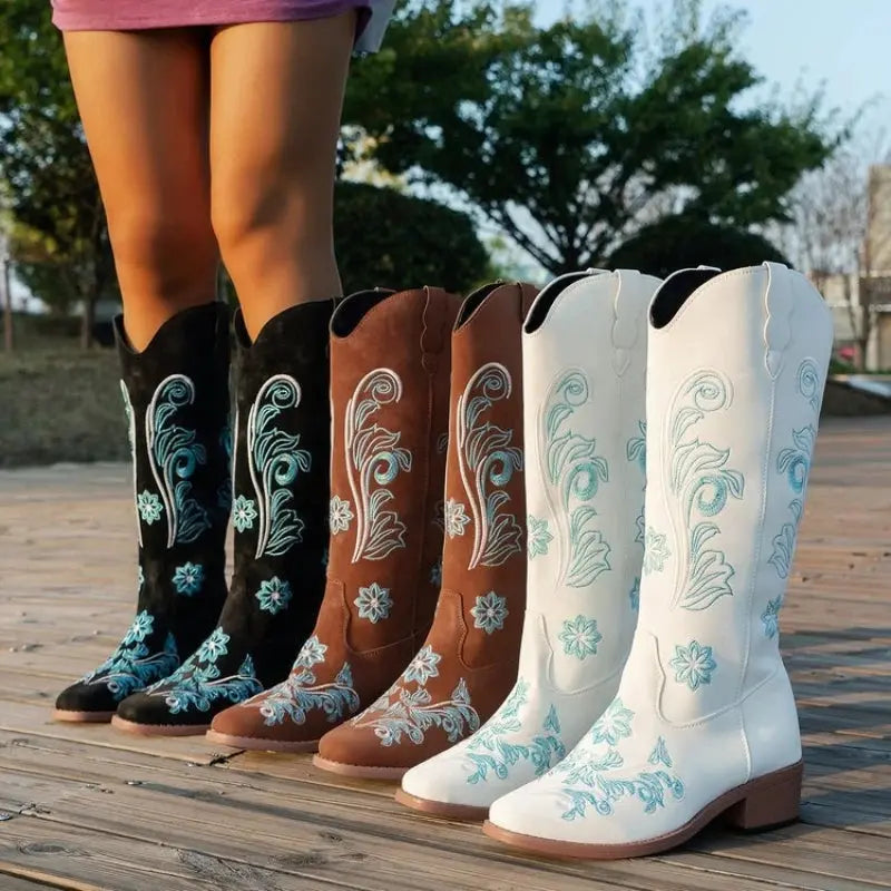 Embroidered Western cowboy boots with intricate stitching and slip-on design in brown leather