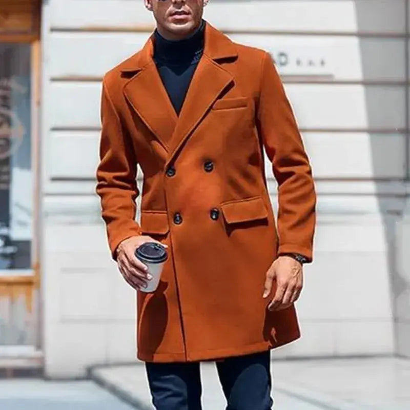 Elegant double-breasted wool coat in rich navy, perfect for winter business attire.
