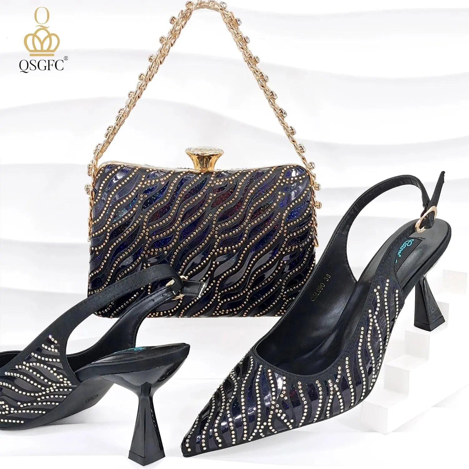Pointed toe gold stilettos designed for a luxurious evening look.