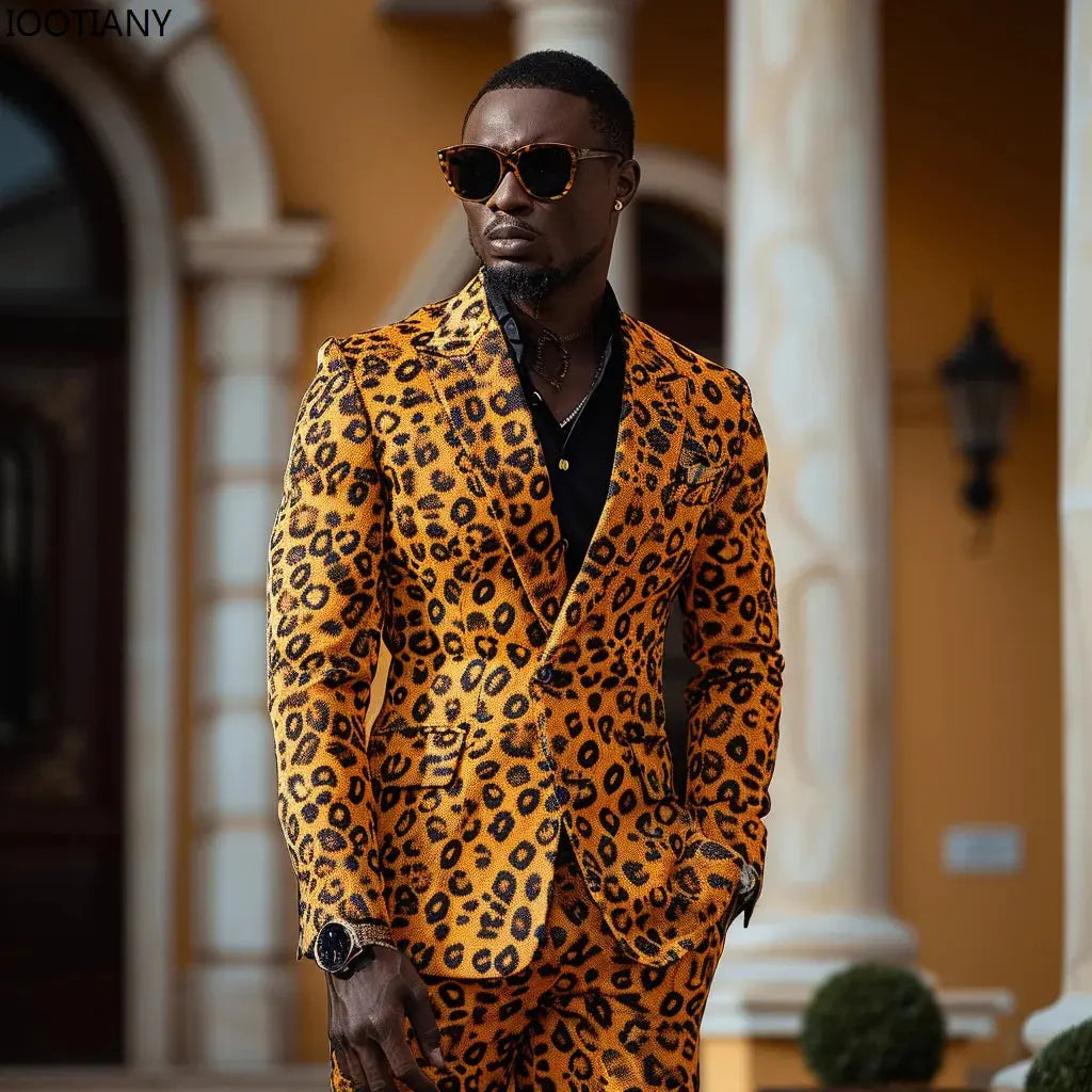 Bold animal print suit with precision slim fit cut creating sleek modern silhouette for night occasions