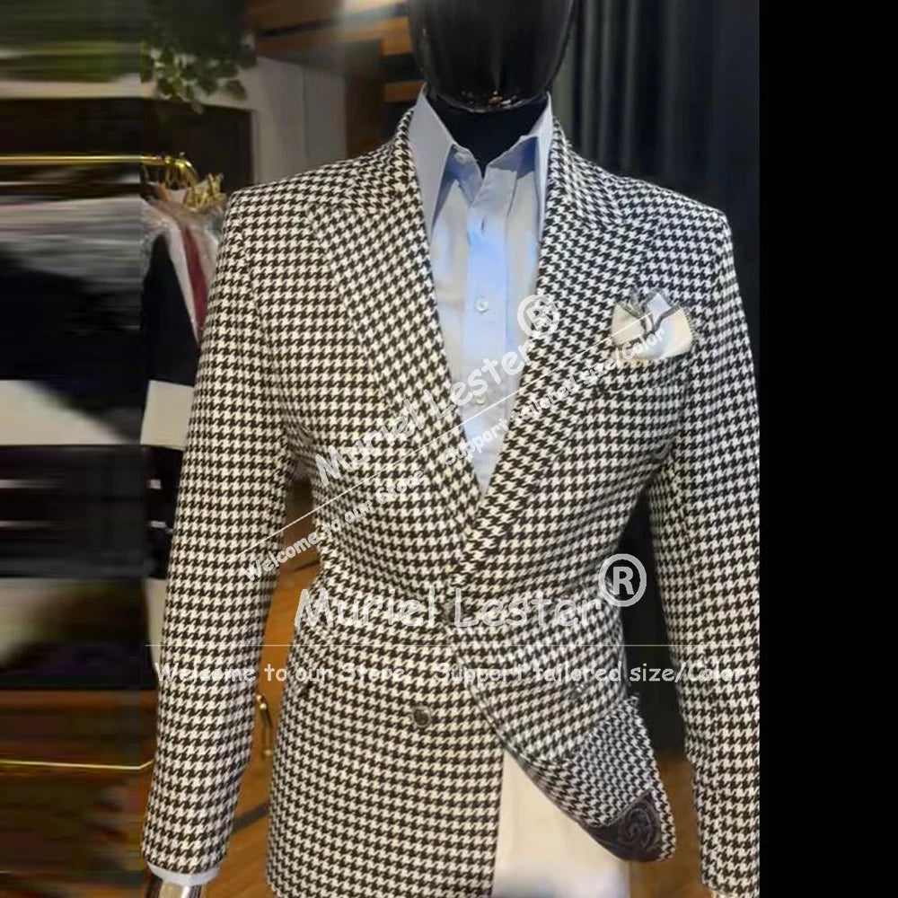 Close-up of the double-breasted jacket featuring detailed craftsmanship and premium fabric.