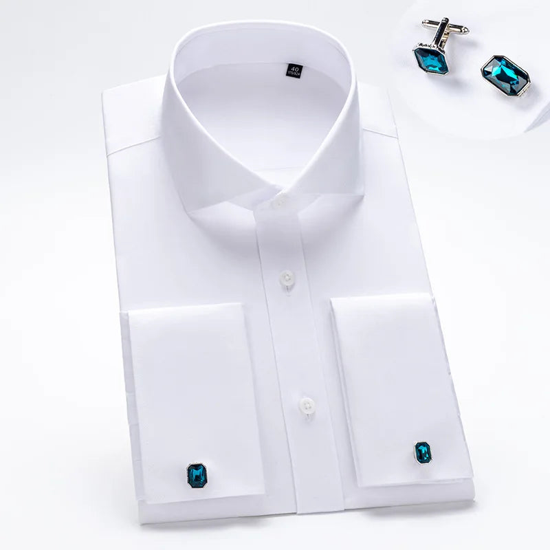 French cuff dress shirt sleeve detail showing double cuff construction for cufflinks