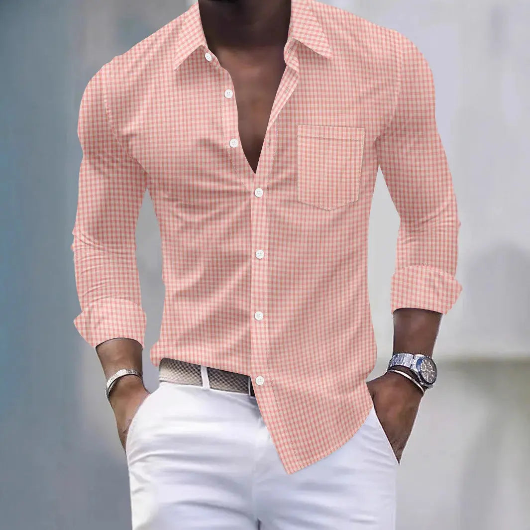 Model wearing the checkered confidence shirt, styled for a business casual meeting with tailored fit.