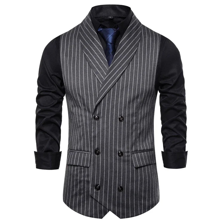 Versatile double-breasted vest styled for a corporate gala, perfect for year-round occasions.