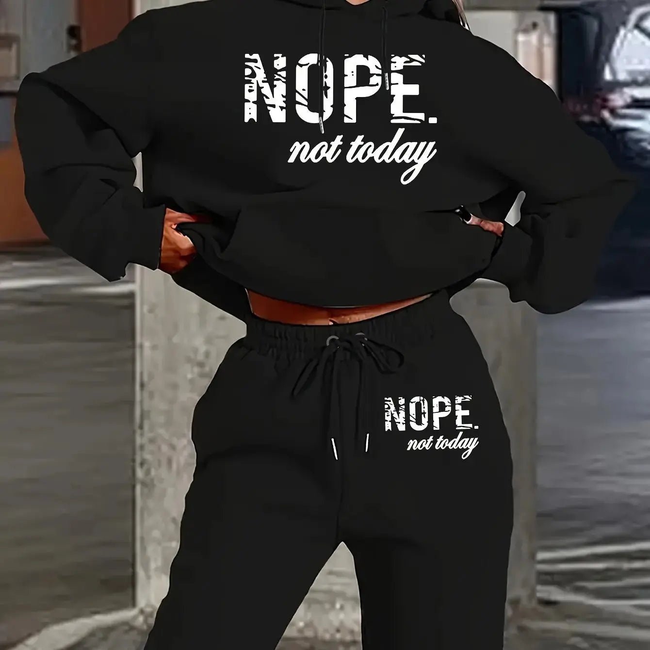 Cozy knit hoodie and joggers matching set with NOPE Not Today slogan for casual street style
