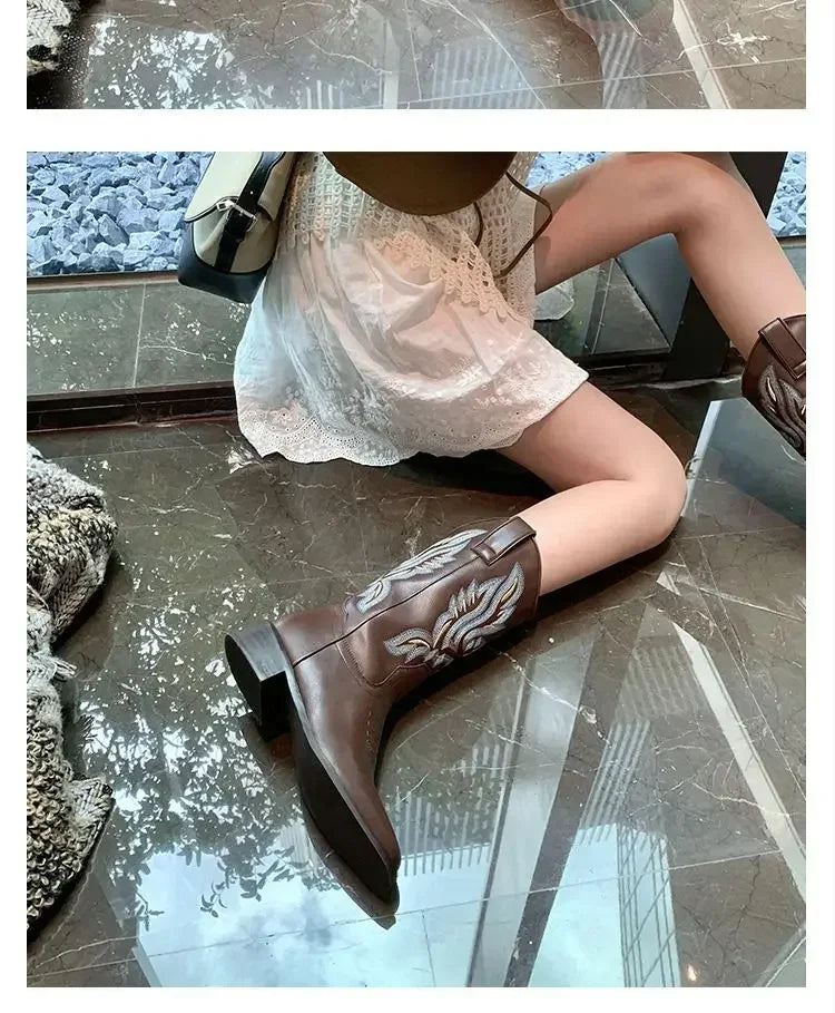 Brown cowboy boots with embroidered patterns and versatile mid-calf height