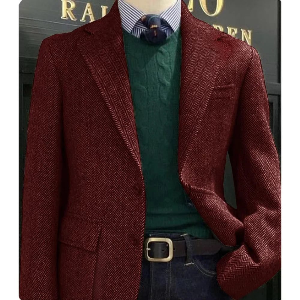 Back view of the slim fit herringbone blazer, highlighting its streamlined silhouette and tailored design.