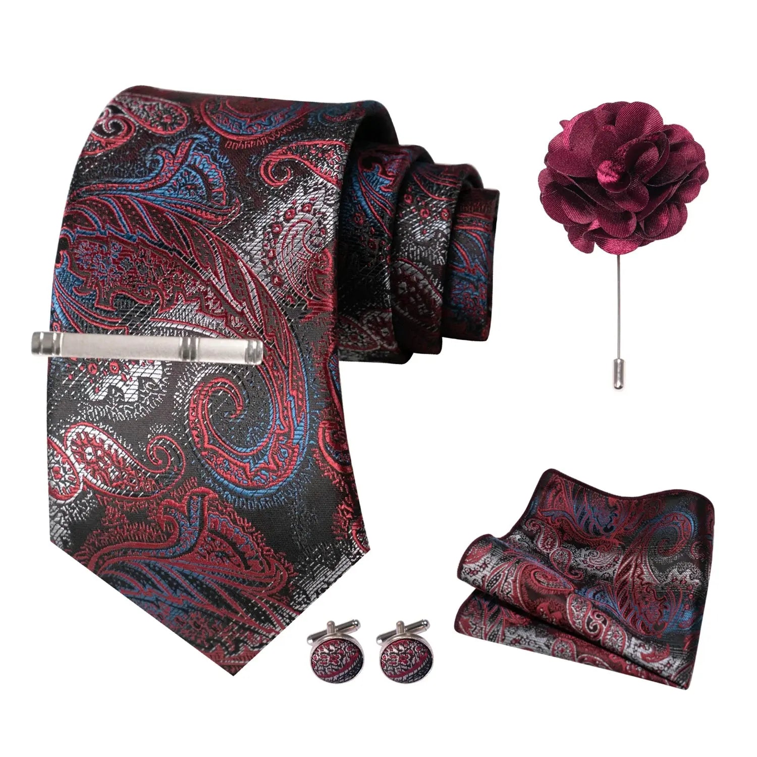 Complete wine-red paisley tie set featuring silk craftsmanship.
