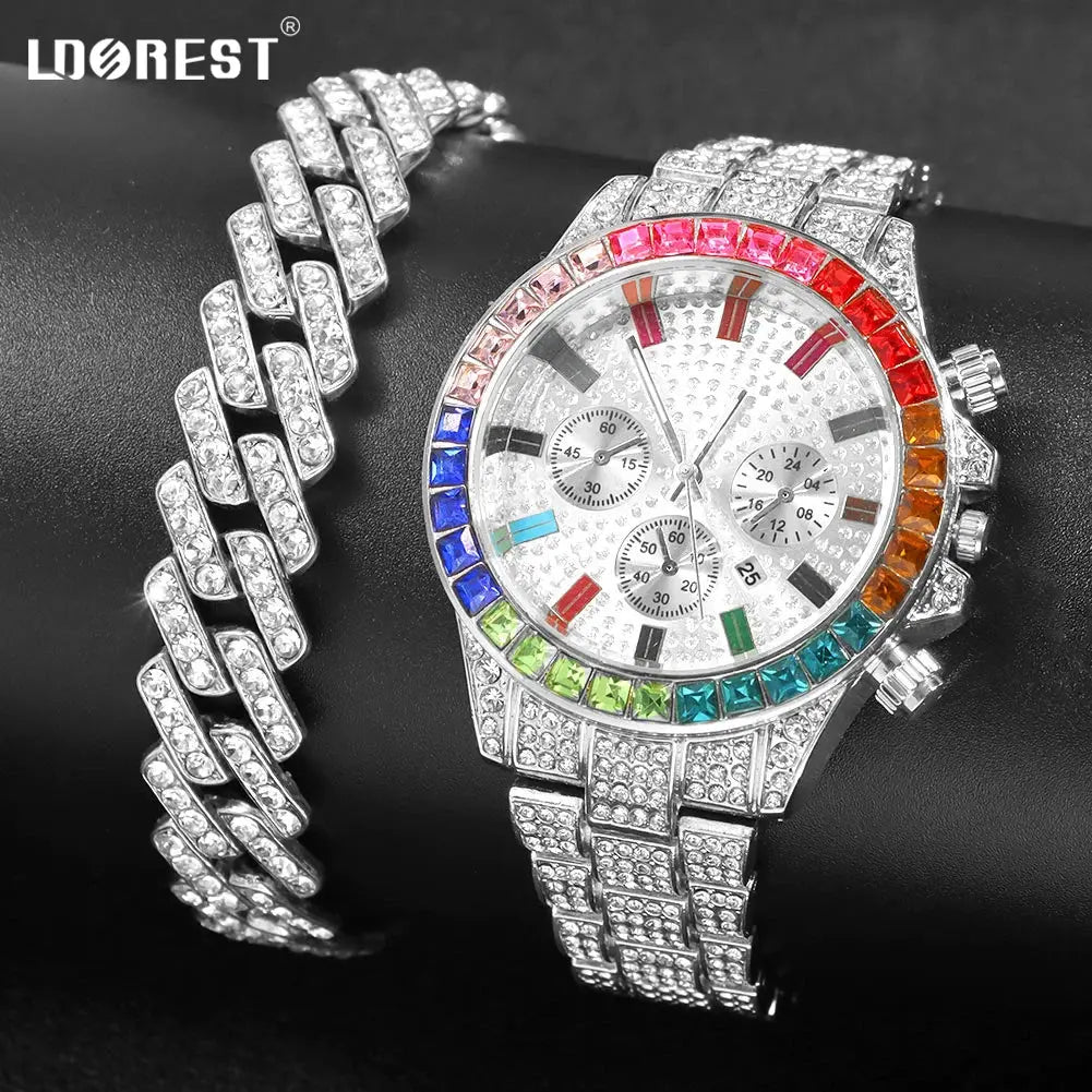 Iced-out watch with rhinestones and square Cuban links, showcasing luxury style.