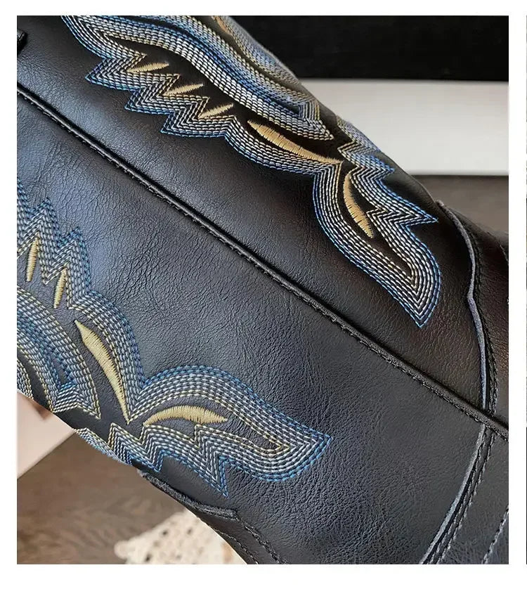 Embroidered leather boots featuring square toe and versatile mid-calf height