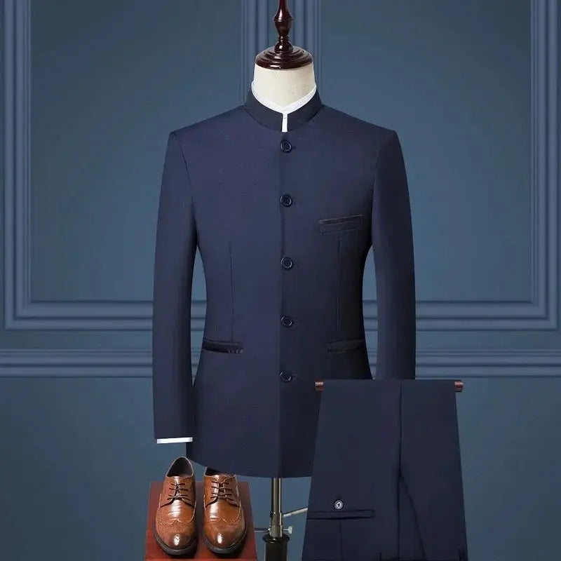 Close-up of the stand collar on the Command the Room tailored suit.
