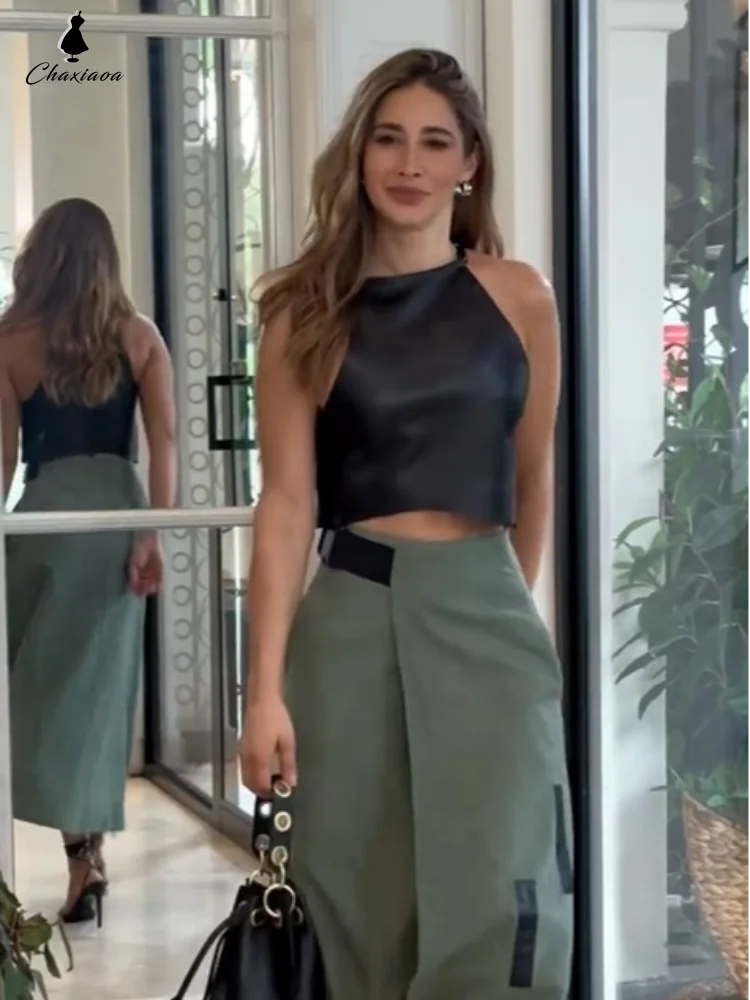 Edgy leatherette two-piece outfit with fitted top and flowing ankle-length skirt