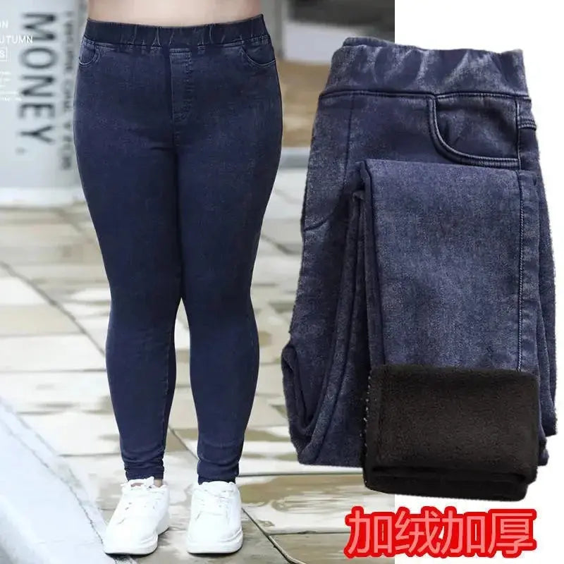Side view of stretchy velvet-lined jeans, ideal for winter activities.