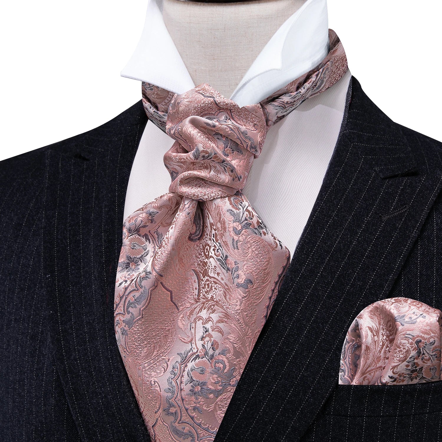 Formal silk ascot tie with coordinated pocket square and cufflinks in elegant gift presentation