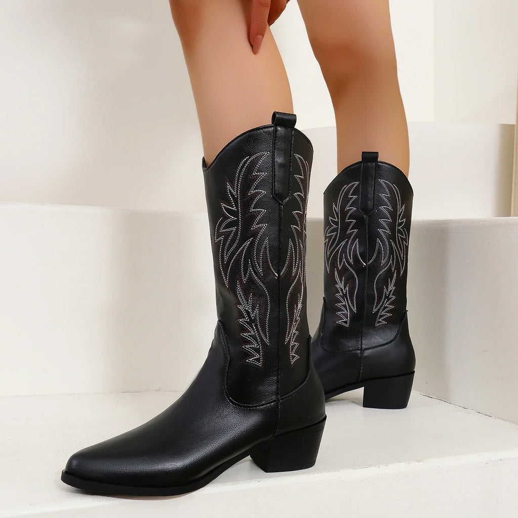 Embroidered cowgirl boots with chunky heel and all-season waterproof protection