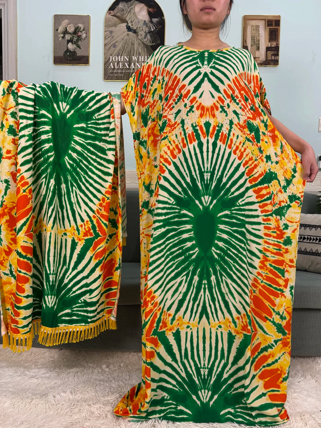 African Cotton Printed Loose Boubou Muslim Abayas Set with Lace Scarf