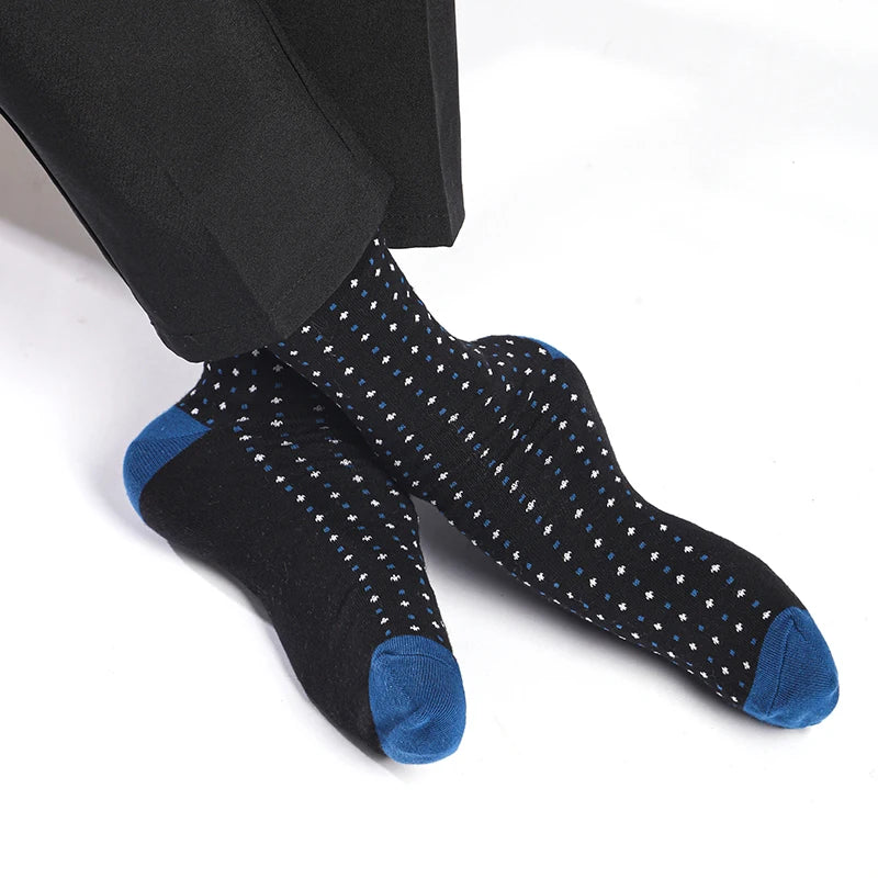 Stylish blue dot socks perfect for professional and casual settings.