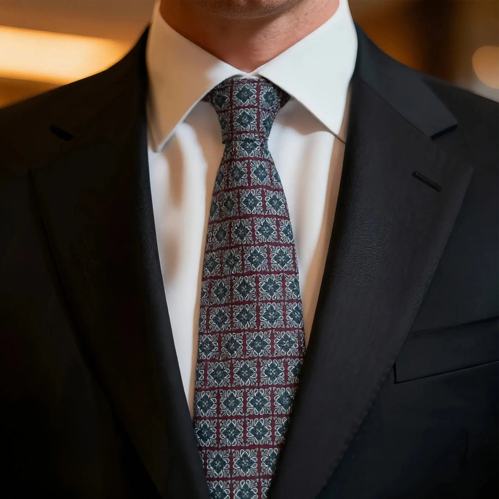 Close-up of the Geometric Allure tie's intricate orange pattern and soft fabric.