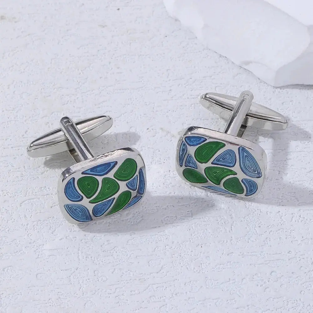 Close-up of elegant striped enamel cufflinks, showcasing their durable zinc alloy design.