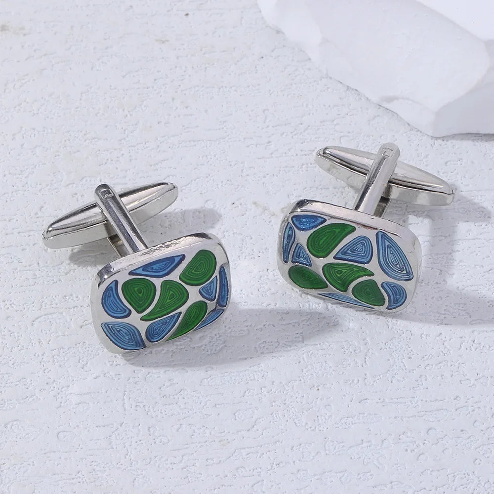 Close-up of elegant striped enamel cufflinks, showcasing their durable zinc alloy design.