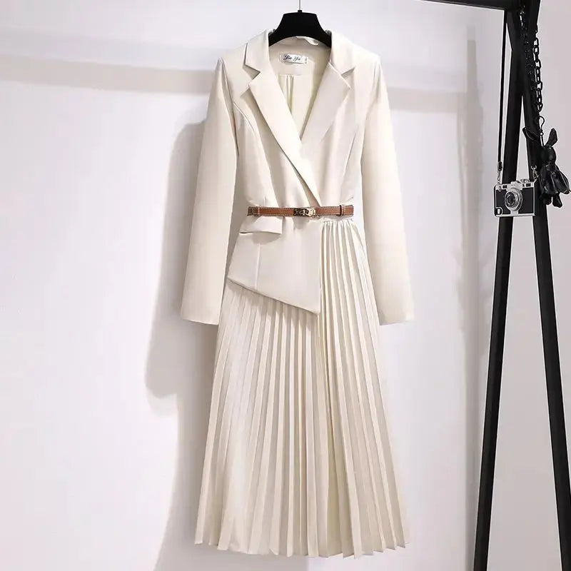 Elegant mid-calf length dress featuring gentle draping, ideal for all-season business attire.