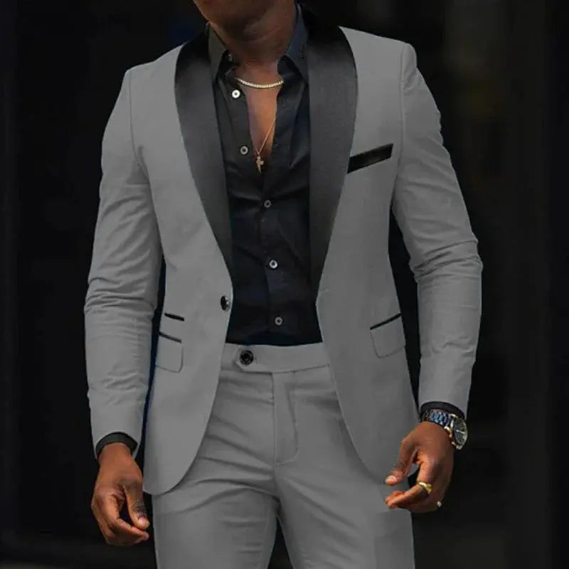 Model wearing the seamless suit set at a formal event, exuding confidence.
