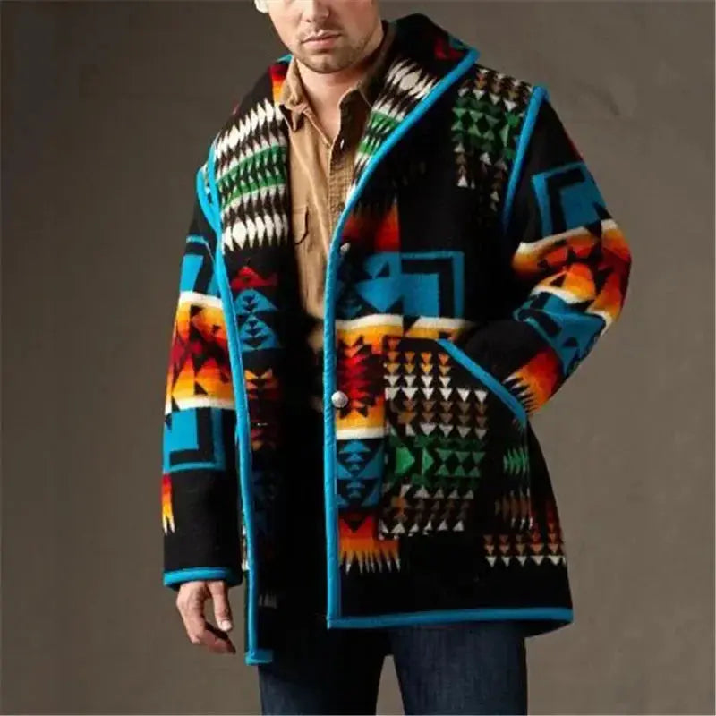 Detail shot of the fabric texture on the Geometric Woolen Coat, showcasing its wool blend quality.
