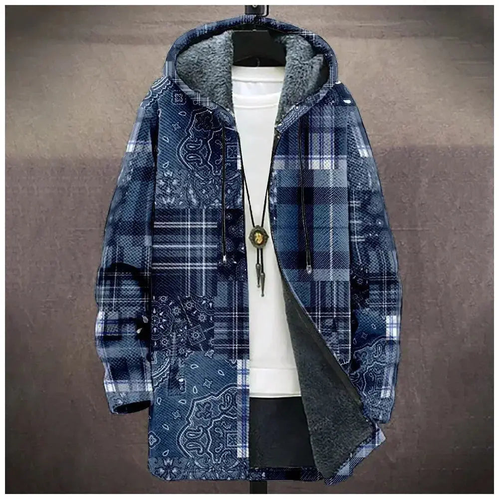 Full-zip tribal print cardigan with adjustable hood and functional side pockets