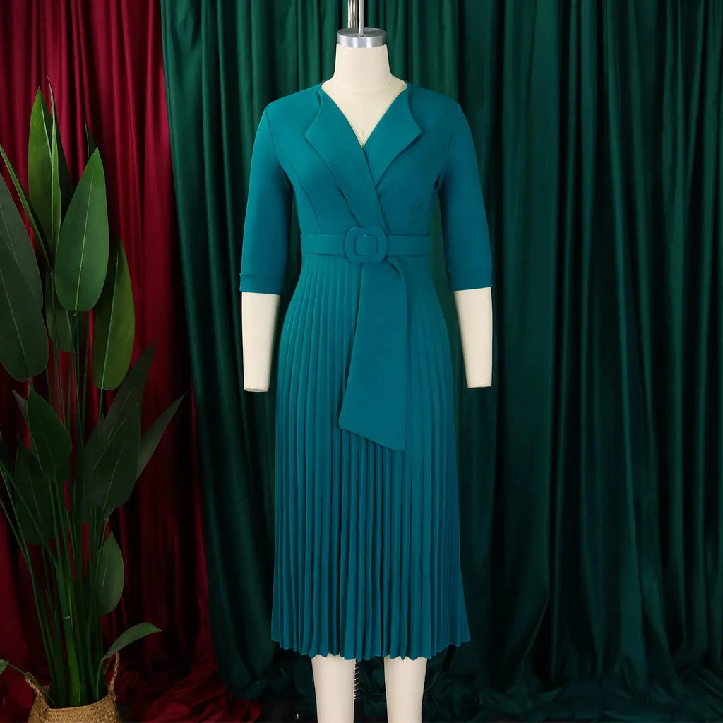Back view of the tailored dress, emphasizing the sleek silhouette and premium polyester material.
