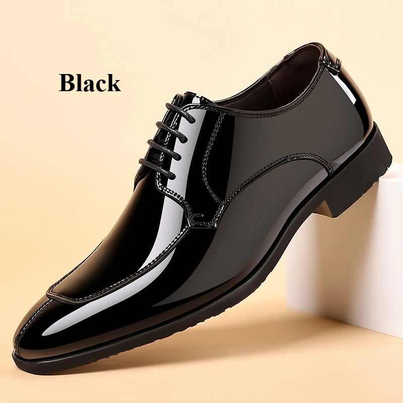 Sleek black patent leather dress shoes with a polished finish for modern professionals.