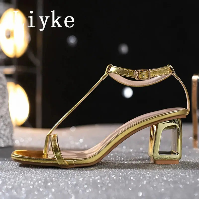 Gold high heel sandals featuring a secure ankle strap for comfort and elegance.