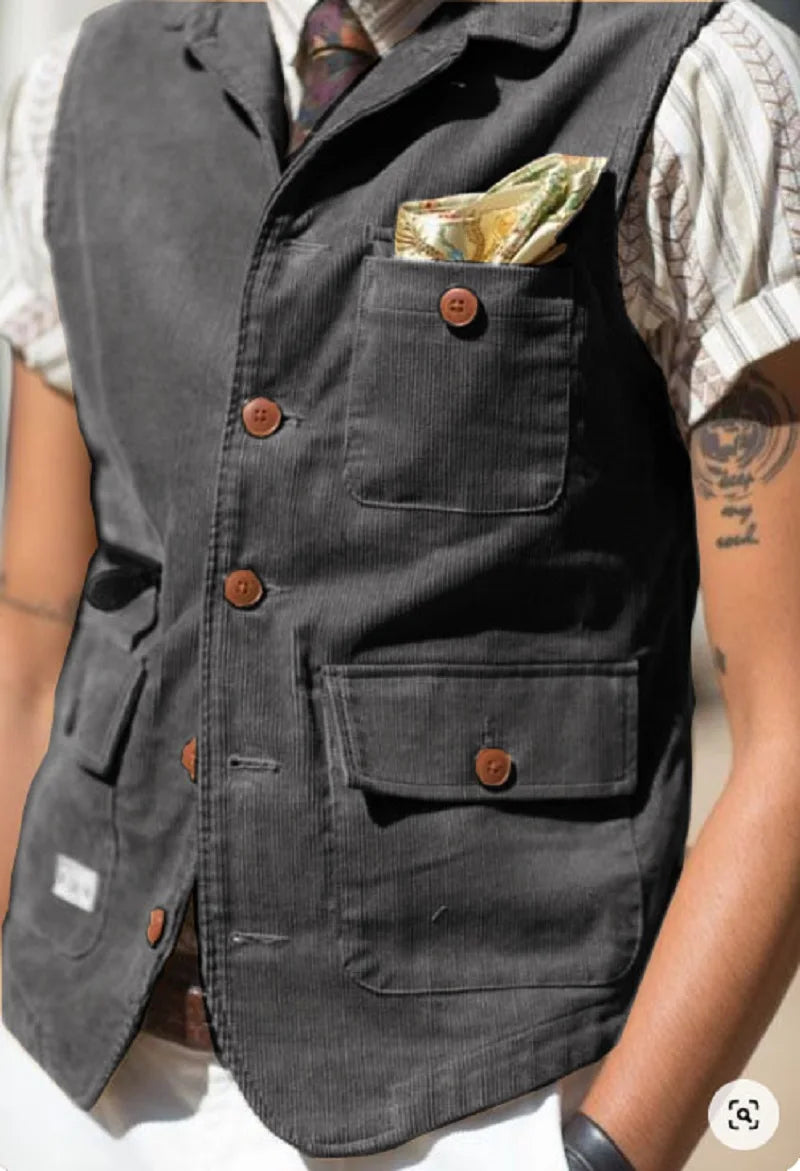 Model wearing the corduroy vest styled with a lightweight shirt for a modern twist.