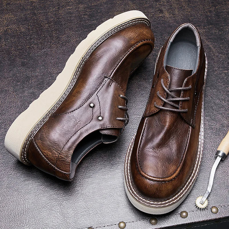 Premium genuine leather lace-up sneakers with pigskin insole and durable rubber outsole for all-weather wear